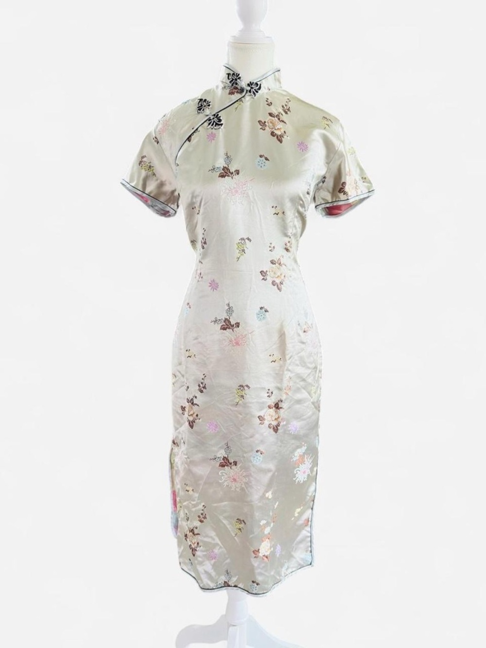 Vintage Style Satin Floral Cheongsam Dress Side Slits Size 40